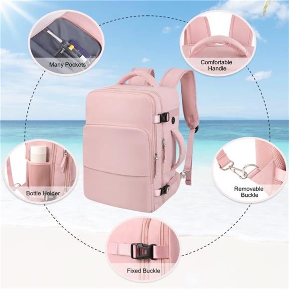 Large Pink Travel & Laptop Backpack for Women, with USB Charging Port main image 5